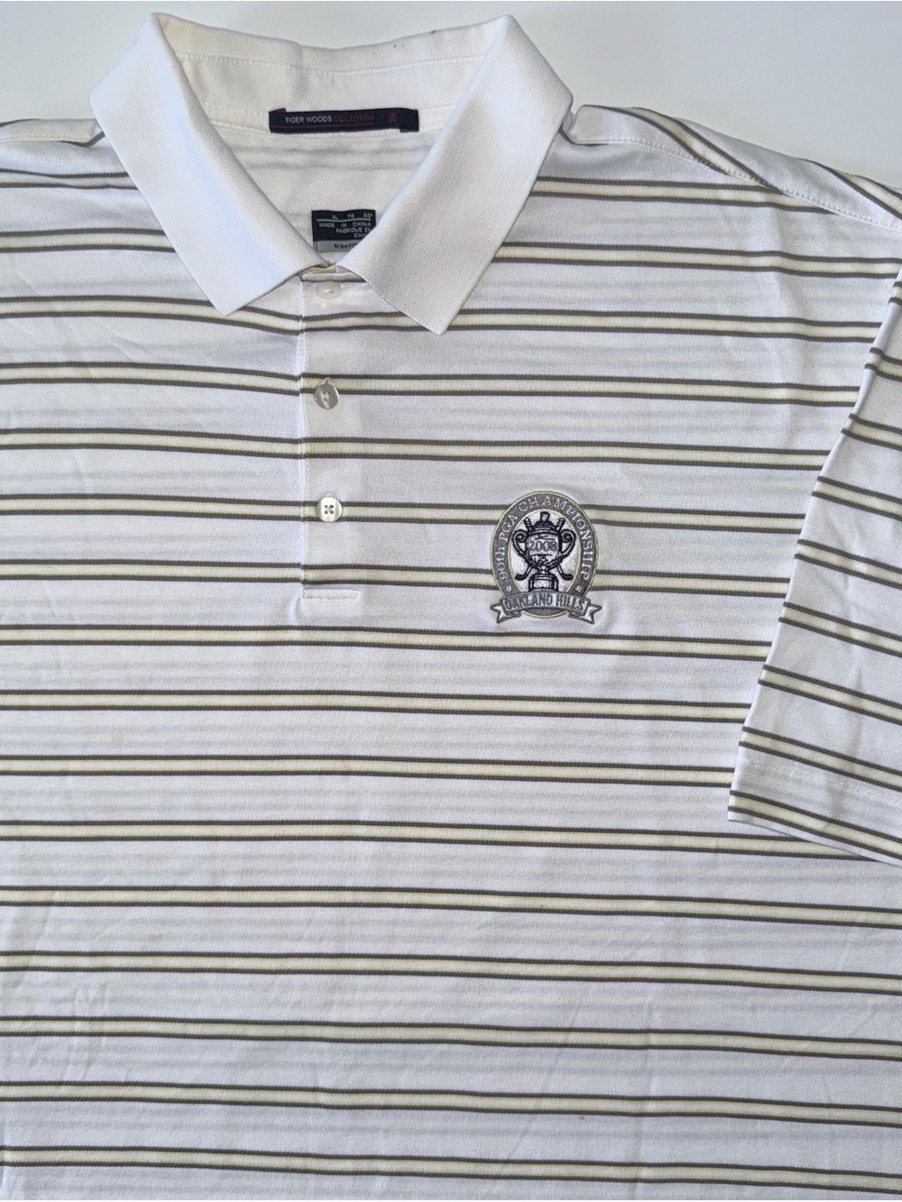 Nike Fit Dry Polo Men’s XL Cream Striped Tiger Woods 2008 PGA Championship